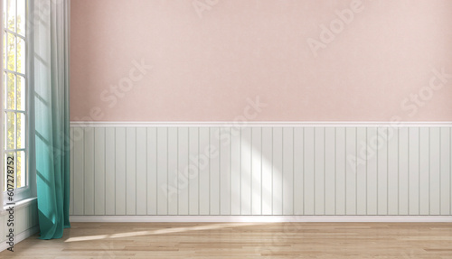 Empty room with cavern pink wall, pastel green wainscot, turquoise curtain, white window, baseboard in sunlight, shadow for luxury interior design, decoration, appliance product space background 3D