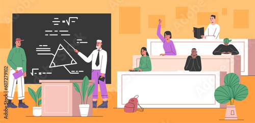 Cartoon students listen lecture. Auditorium with professor and listeners. Guy answers at blackboard. Math lesson. Classmates sitting at class desks. University education. Vector concept