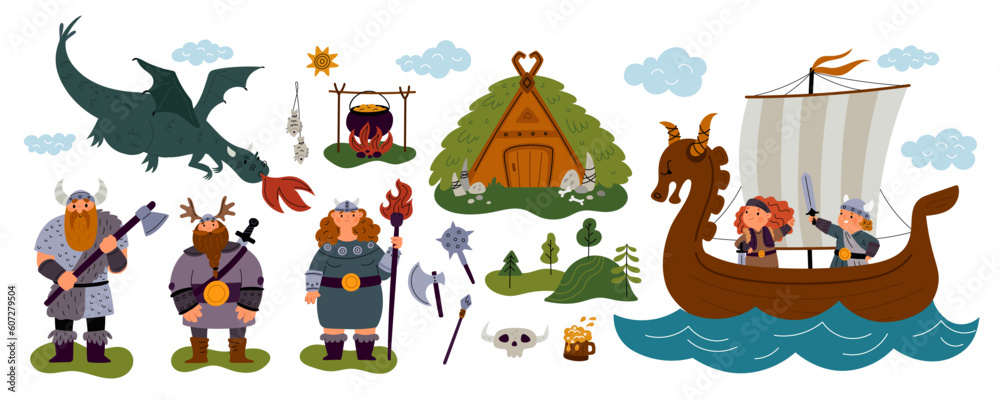 Fototapeta premium Cartoon vikings characters. Northern warriors with everyday life elements. Scandinavian house. Men and women in armor with weapons. Barbarians children on drakkar. Garish vector set