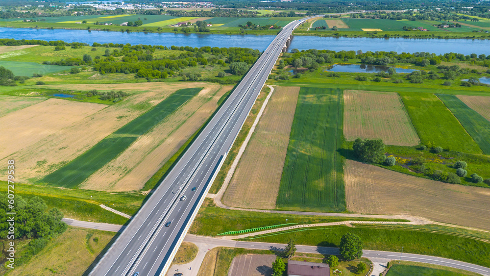 Obraz premium Aerial drone photo of Bridge on the River Vistula. Poland