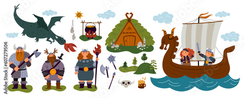 Cartoon vikings characters. Northern warriors with everyday life elements. Scandinavian house. Men and women in armor with weapons. Barbarians children on drakkar. Garish vector set