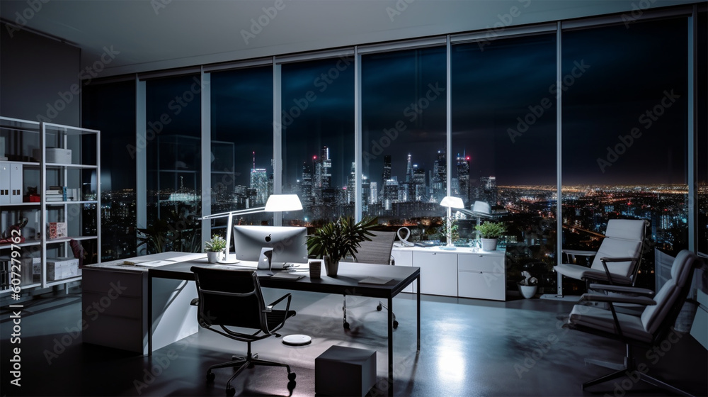 office workspace with glass walls and white furniture, in the style of dark gray, cityscape, commission for, solarization, spatiality , shallow depth of field to emphasize the subject