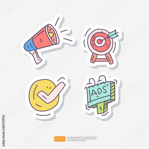 advertising and marketing sticker doodle icon set with megaphone, dart goal and target audience, right check tick mark, outdoor billboard. business and target market vector illustration
