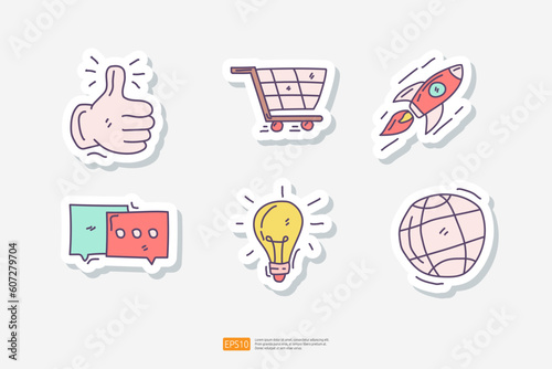 thumb up hand, wheel trolly, Rocket launch, chat bubble conversation, creativity with bulb lamp, world globe. customer evaluating feedback concept doodle sticker set icon vector illustration