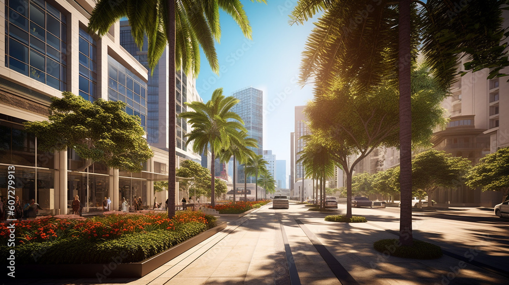 A modern urban setting with palm trees lining a vibrant city street. generative ai.