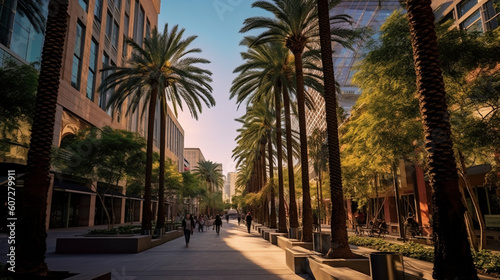 A modern urban setting with palm trees lining a vibrant city street. generative ai.