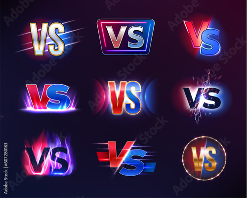 VS or versus badge, icon with flame and sparks. Fighting sport battle, challenge or competition text symbol, conflict or contest symbol, MMA fight announce vector sign with fire, lightning strike