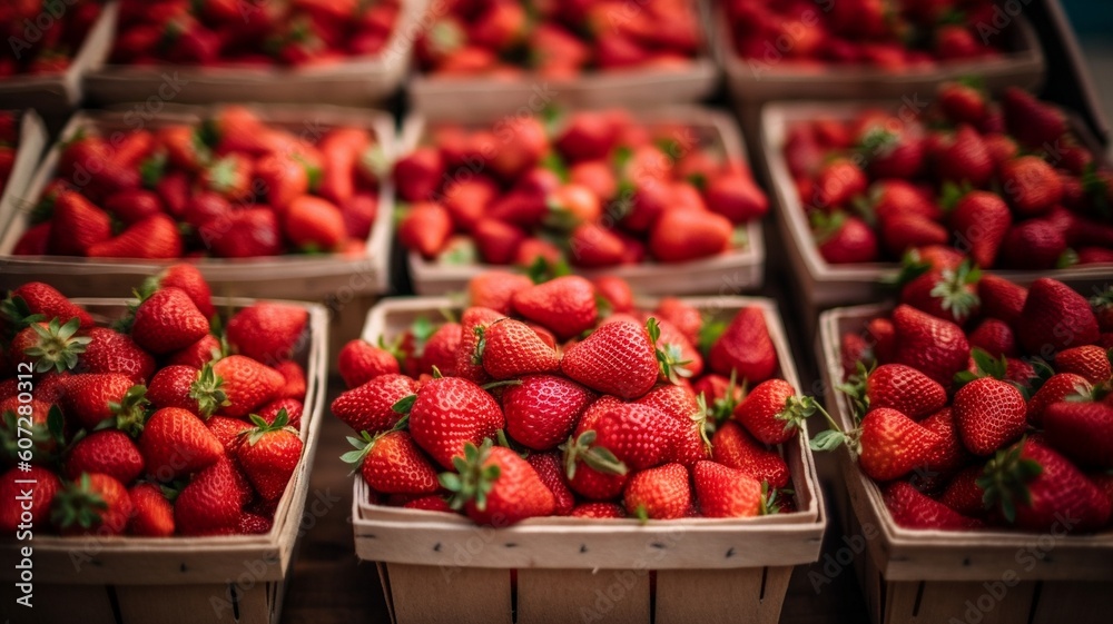 Lots of baskets with fresh ripe strawberries for sale Generative AI Lots of baskets with fresh ripe strawberries for sale Generative AI