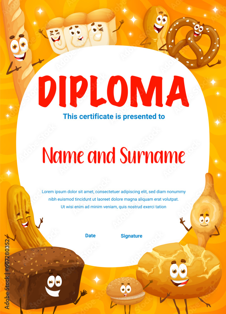 Kids diploma of the best baker. Cartoon bakery, pastry and bread