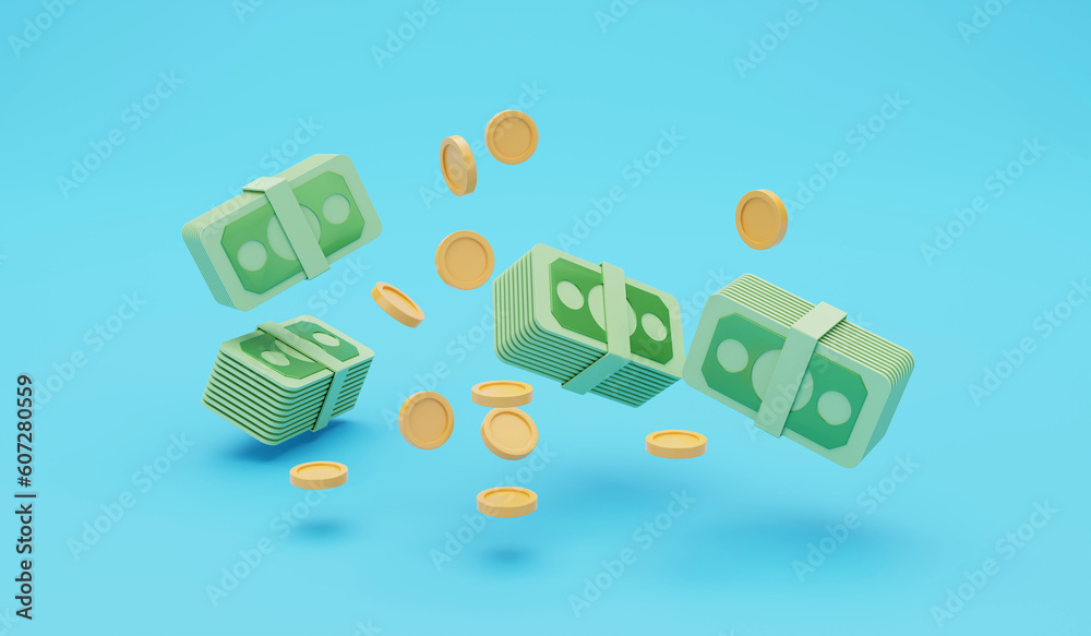 Money stack with coins on blue background, 3d rendering illustration Money stack with coins on blue background, 3d rendering illustration
