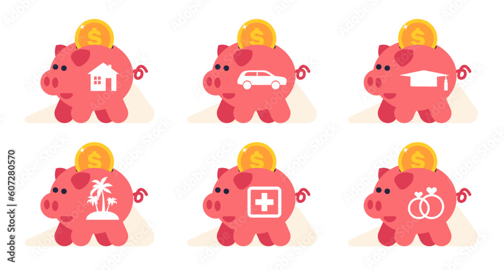 Collecting money in piggy bank to buy house, car, school, medical treatment, marriage and vacation. Icons or stickers collection. Family investments cartoon flat isolated vector set Collecting money in piggy bank to buy house, car, school, medical treatment, marriage and vacation. Icons or stickers collection. Family investments cartoon flat isolated vector set