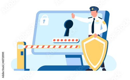 Confidential information protection. Security officer protects data on computer. Barrier and shield. Password lock. Network safety. Cyber technology. Account guarding. Vector concept