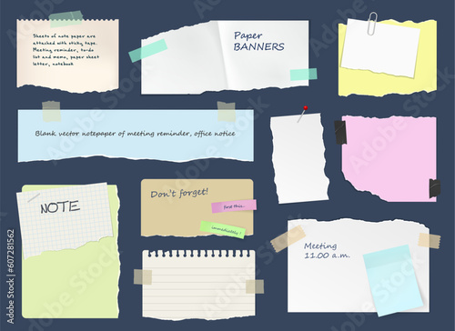 Business paper notes, stickers, sticky sheets and tape. Schedule ripped paper piece, To Do list notebook page or sticker, diary or scrapbook sticky 3d vector sheets with colorful duck tape and pin