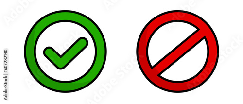 Flat design check mark and prohibited mark icon set. Vector.