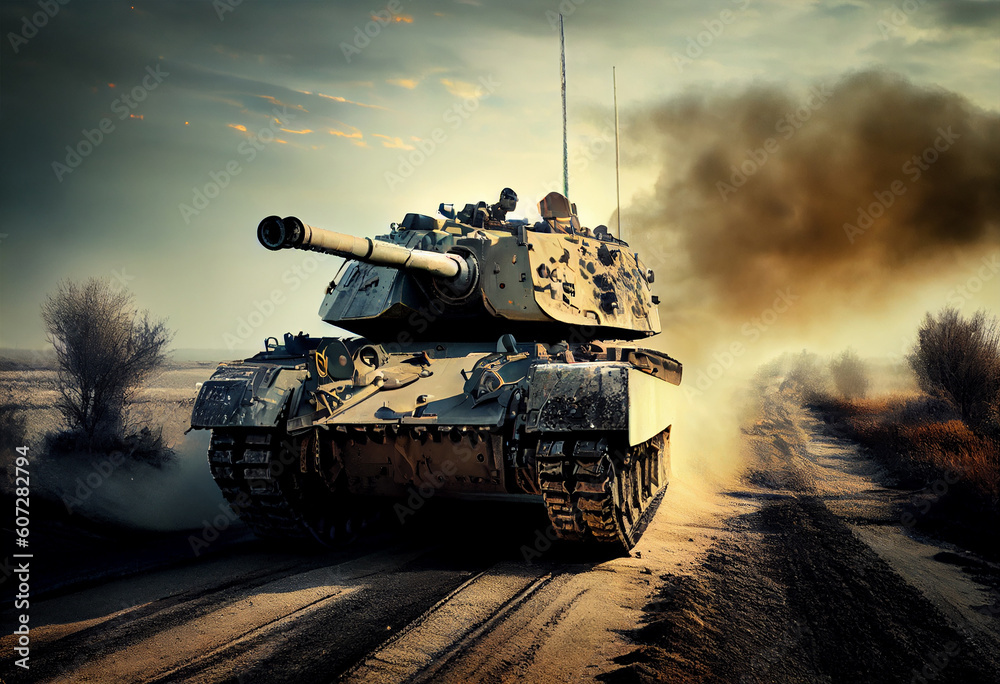 A tank convoy on a spring road. Generate Ai. A tank convoy on a spring road. Generate Ai.