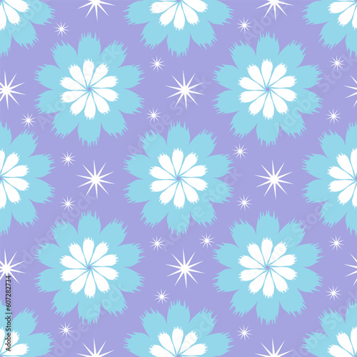 Seamless winter flower pattern of doodle blue and white flowers on pastel violet. Vector illustration of repeat floral background for cover, scrapbooking, wrapping paper, textile, print design.