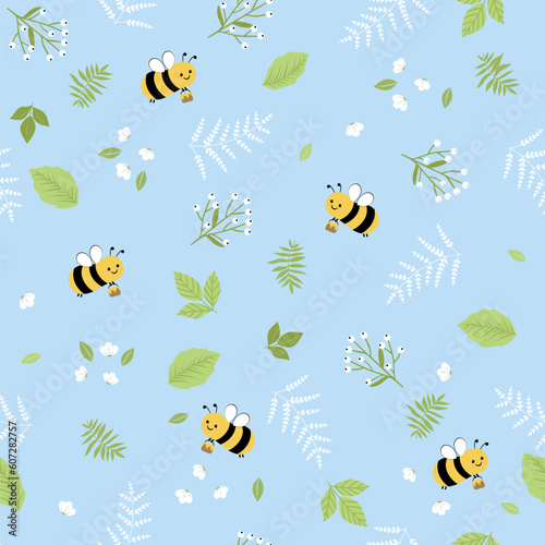 Seamless pattern with flower, leaves and flying bees on blue background. Cute cartoon print. © barberry