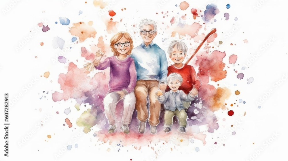 Grandparents day, watercolor, background surrounded by white July 23 Generative AI - obrazy, fototapety, plakaty 