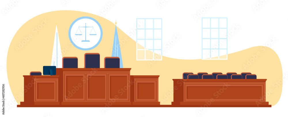 Courtroom with space for judge and jurors. Attorney workplace. Clerk and witnesses tables. Courthouse room empty interior. Wooden tribunes and armchairs. Court furniture. Vector concept