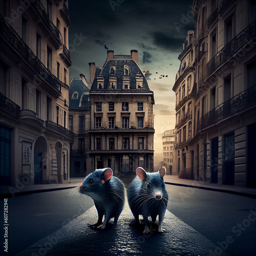 Two rats in a street of a big city. Generate Ai