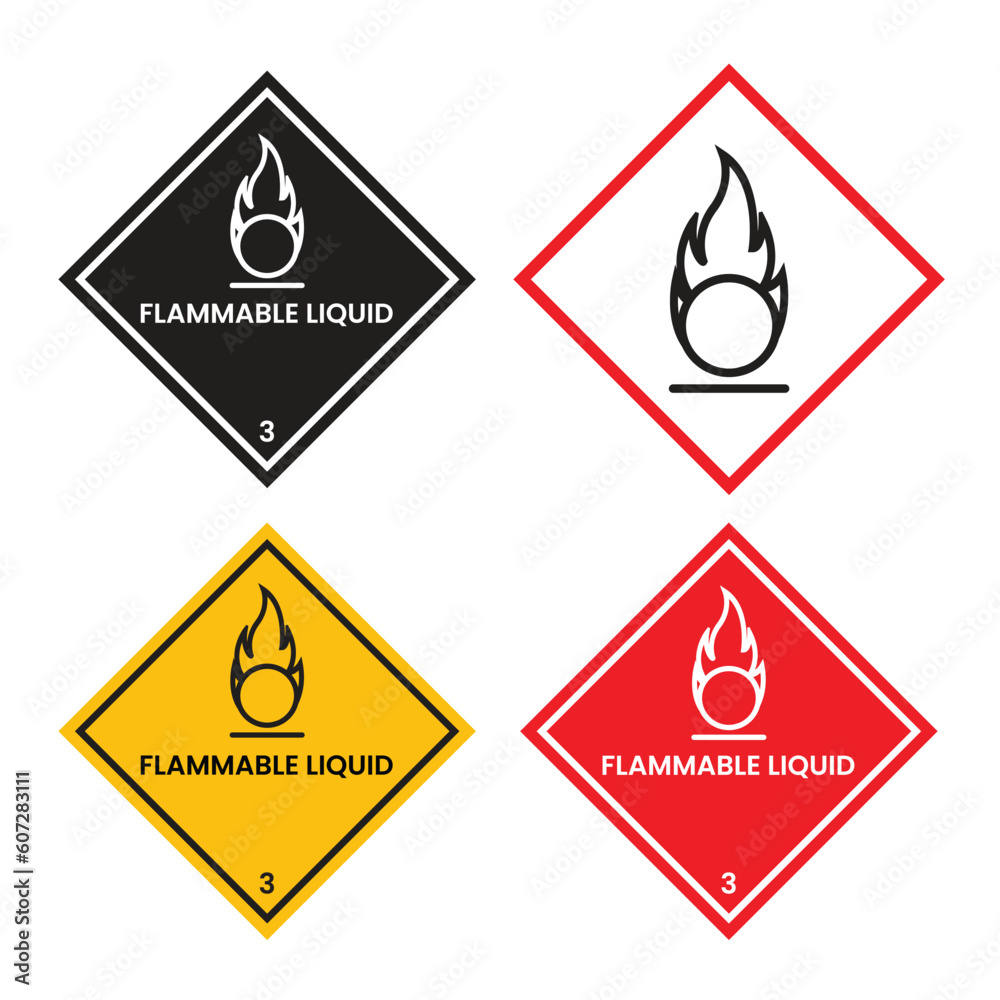 Flammable liquid 3 icons set. Compressed fuel warning label sticker