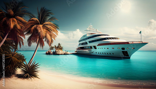 Luxury yacht docking on a paradise beach with turquoise waters and palm trees . Generate Ai