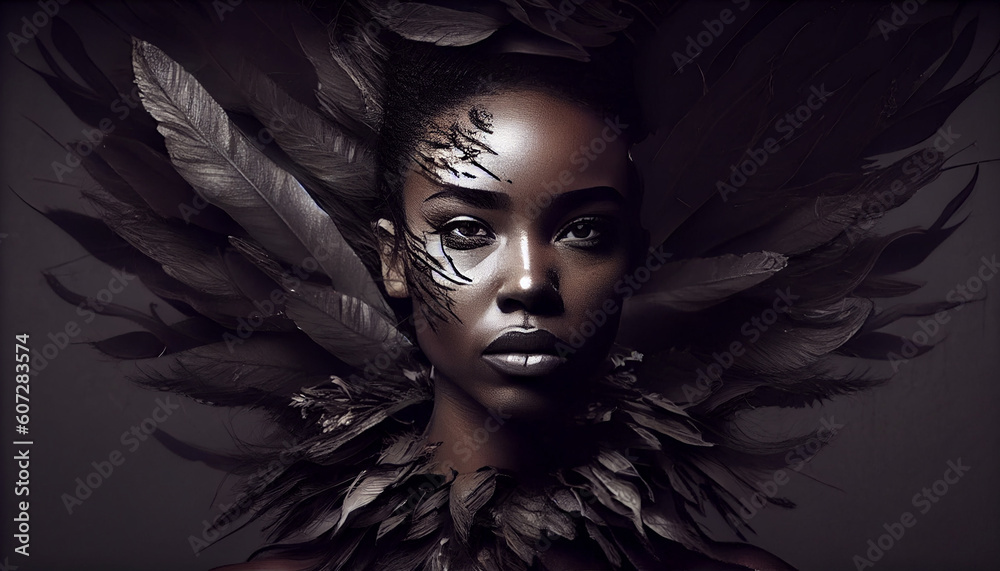 female face that stands out among the black goose feathers. Generate Ai. female face that stands out among the black goose feathers. Generate Ai.