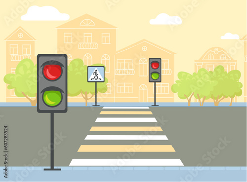 Crosswalk with road sign and traffic lights. Empty street. Urban landscape. Pedestrian walking. Highway zebra crossing. Automobile asphalt roadway. Car transportation. Vector concept