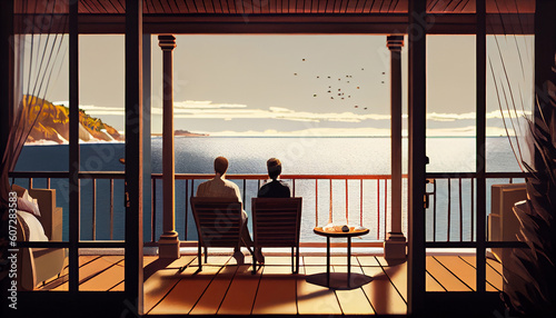 Young couple watching the horizon on their terrace - sea, sun. Generate Ai.