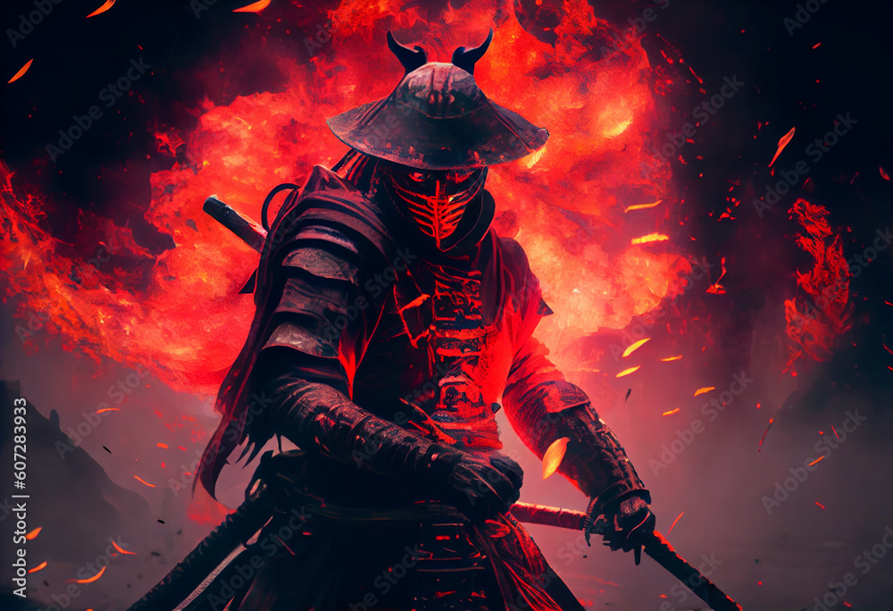Naklejka premium A samurai in a demonic red mask on the battlefield. Generate Ai.