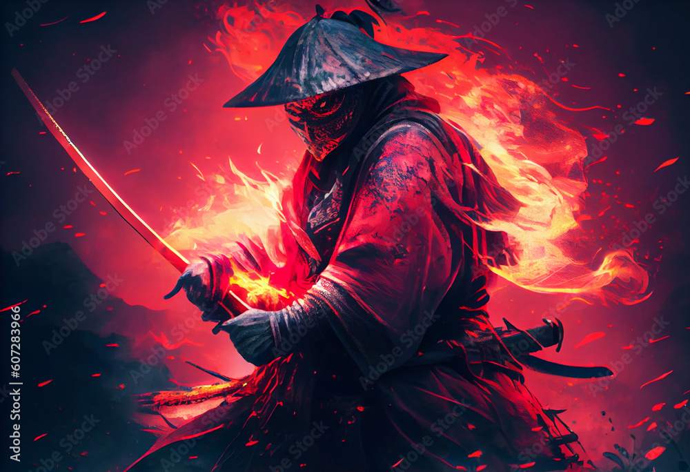 A samurai in a demonic red mask on the battlefield. Generate Ai.