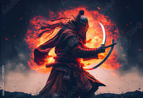 A samurai in a demonic red mask on the battlefield. Generate Ai.