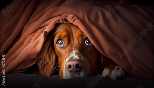 A very cute dog crawled under the covers and touchingly misses his owner. Generate Ai.