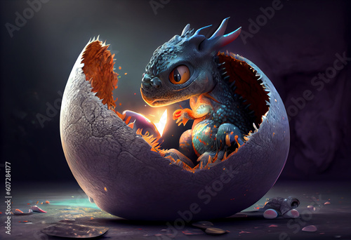 Baby dragon in the egg in a morning. Generate Ai. © AI_images