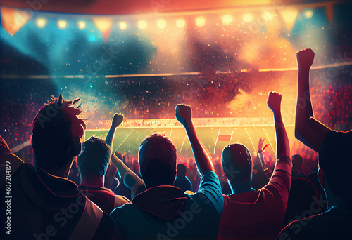 Back view of football, soccer fans cheering their team stadium at evening time.. Generate Ai.