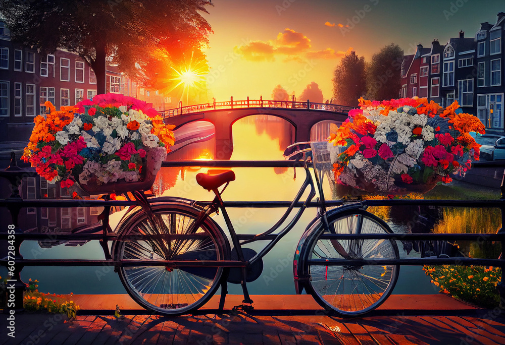 Beautiful summer sunrise on the famous UNESCO world heritage canals of Amsterdam, Generate Ai.