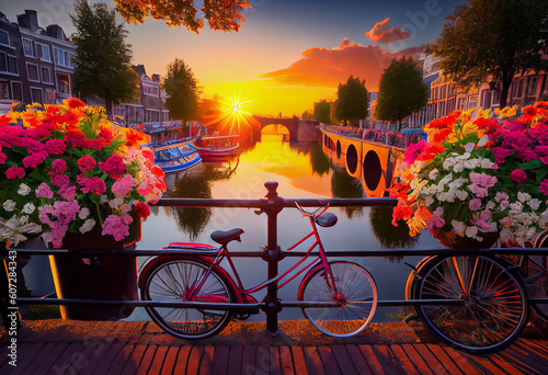 Beautiful summer sunrise on the famous UNESCO world heritage canals of Amsterdam, Generate Ai.