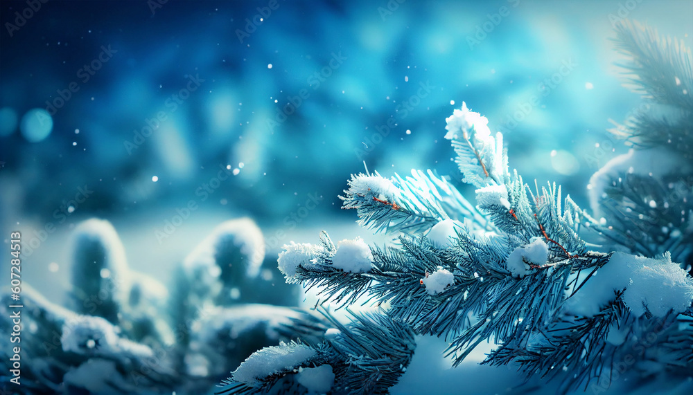 Blue winter christmas nature background frame, wide format. Generate Ai.