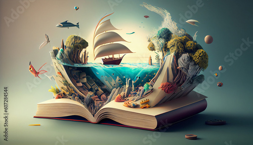 Fototapeta Books imagination, 3d illustration. Generate Ai.