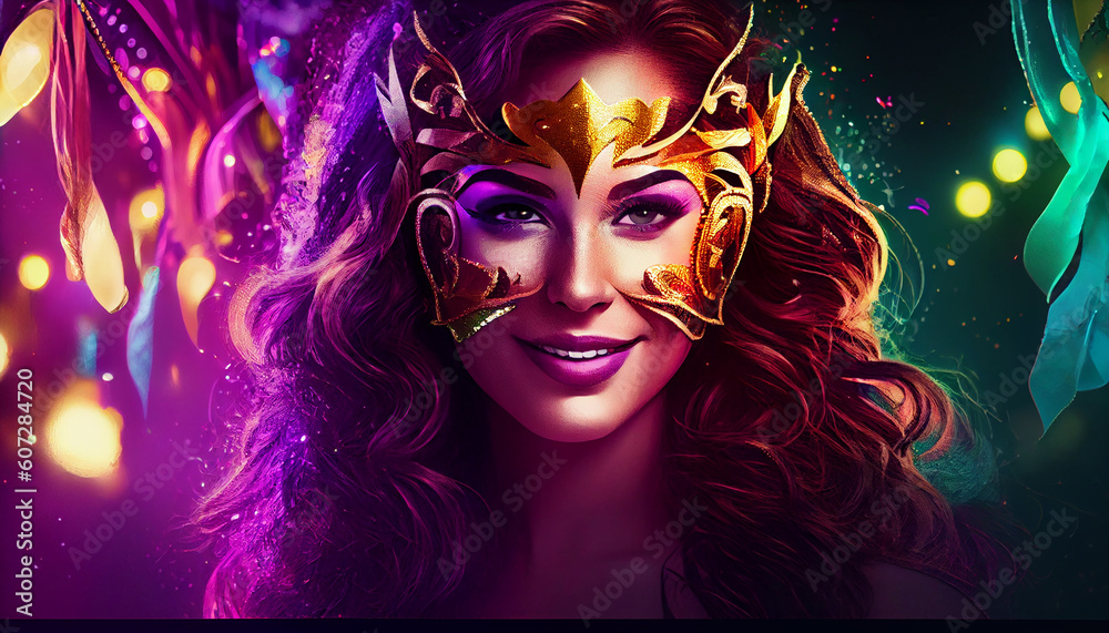 Carnival banner mardi gras woman smiling with venetian mask night lights copy space. Generate Ai.
