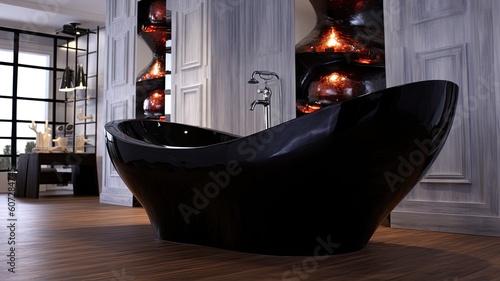 Modern black bathtub with cool epoxy resin decoration to be real luxury your bathroom, and yes which everyone will admire. Generative AI Technology 