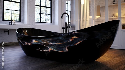 Modern black bathtub with cool epoxy resin decoration to be real luxury your bathroom  and yes which everyone will admire. Generative AI Technology 