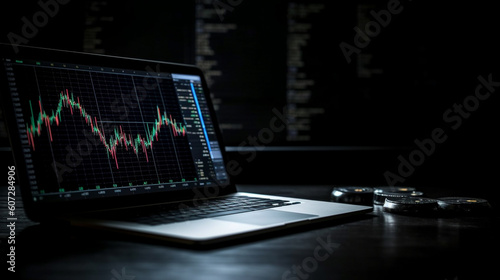 Forex Stock Chart and Laptop for trading forein exchange. Generative Ai. © Gassenee