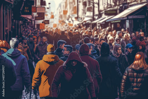 Crowd of people walking street. Generate Ai.