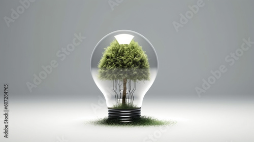 Grass field in tree bulb shape on white background, AI Generative.