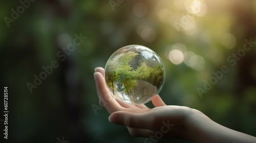 Human hands holding earth sphere crystal with sunlight, green nature background, concept of conservation environmental. AI Generative.