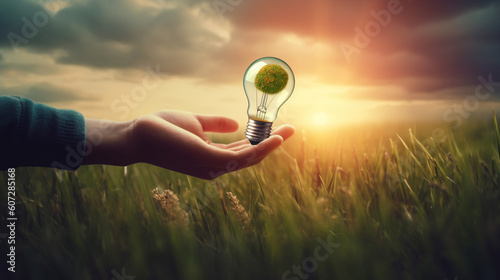 Holding a light bulb on grass with nature energy concept. AI Generative.