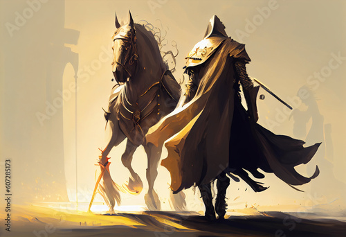 A golden knight and his horse walking to field of swords. Generate Ai.