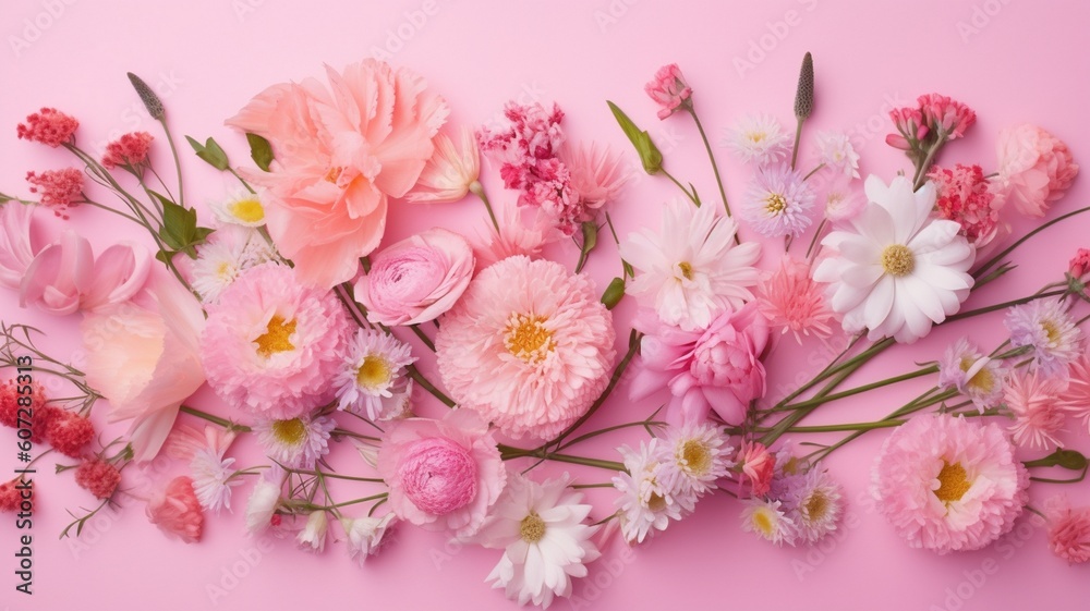 Spring flowers on pink pastel background Generative AI Spring flowers on pink pastel background Generative AI