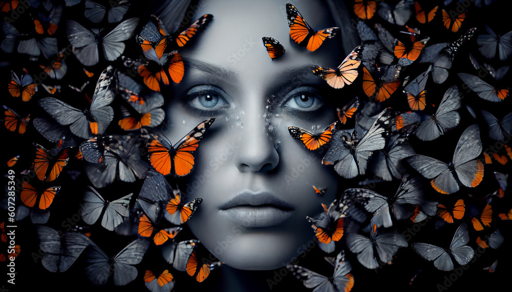 Woman's face sticking out in the middle of a full group of butterflies. Generate Ai.